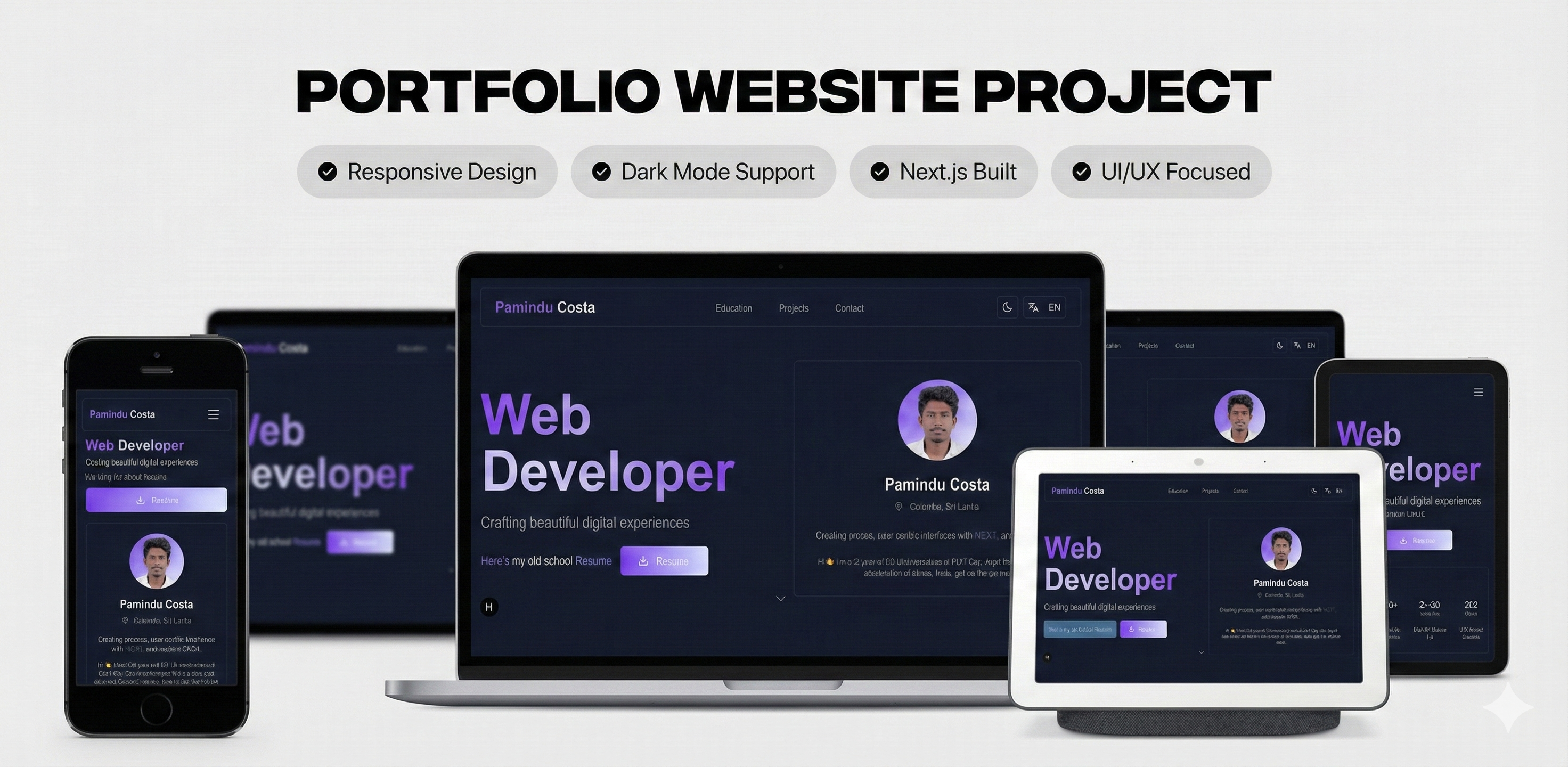 Pamindu Costa portfolio version 1.0. Using Next.js, Tailwind CSS for styling, Framer Motion and gsap for animations, lenis for smooth scrolling. This website is a fully responsive mobile-first platform that will deliver the necessary info smoothly.